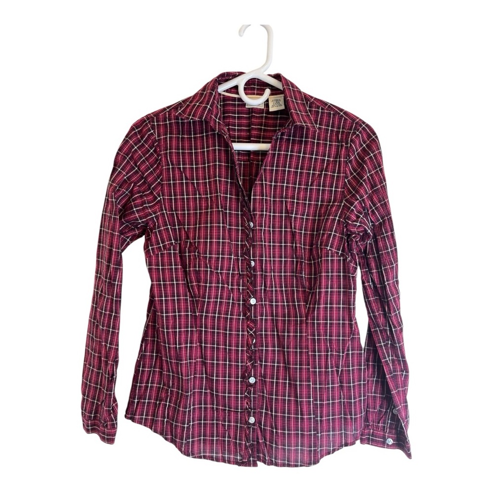 L.L. Bean Womens plaid Burgundy vneck Button Down Ruffle Blouse size small